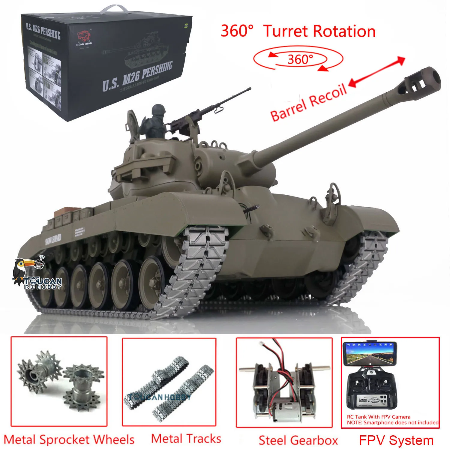 Henglong 1/16 FPV Camera System M26 Pershing RTR RC Tank 3838 With Barrel Retractable 7.0 Upgraded Ver As Boys Christmas Present 4