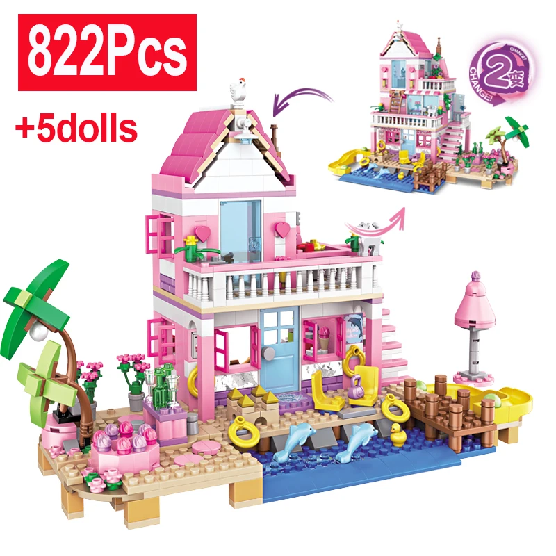 

2 in 1 822Pcs City House Summer Holiday Seaside Villa Apartment Building Blocks Beach Wharf Sets Figures Toys for Kid Girls Gift