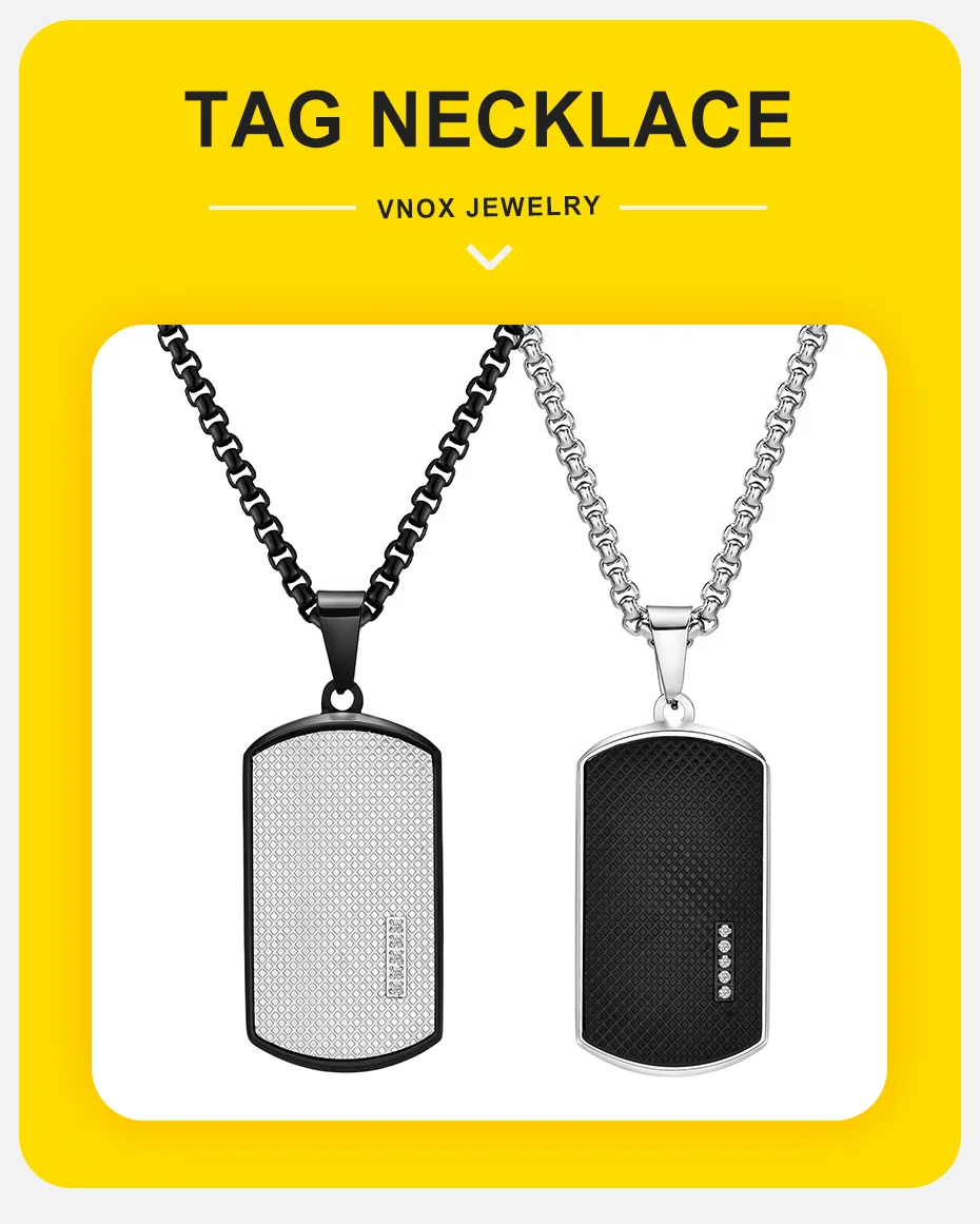 Vnox Stilvolle schwarze Erkennungsmarken-Halsketten für Männer und Frauen mit Zirkonia-Stein, quadratisches Halsband aus Edelstahl als Geschenk – Detail 1
