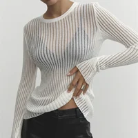 Économie à manches longues rayés pour femmes, t-shirts moulants, tenues en Y, vêtements de soirée club, blanc, élégant, transparent, mode 2023 1