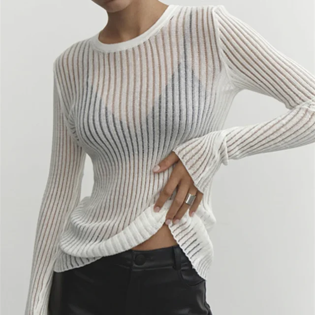 Économie à manches longues rayés pour femmes, t-shirts moulants, tenues en Y, vêtements de soirée club, blanc, élégant, transparent, mode 2023 1