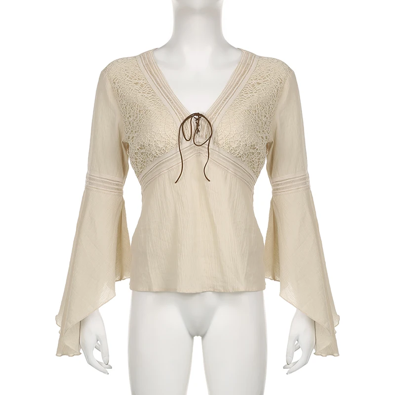 Elegant Beige Women Top Cotton V Neck Flare Sleeve Loose Fit Aesthetic Tee Shirt Vintage Chic Back Lace Up Pullovers
