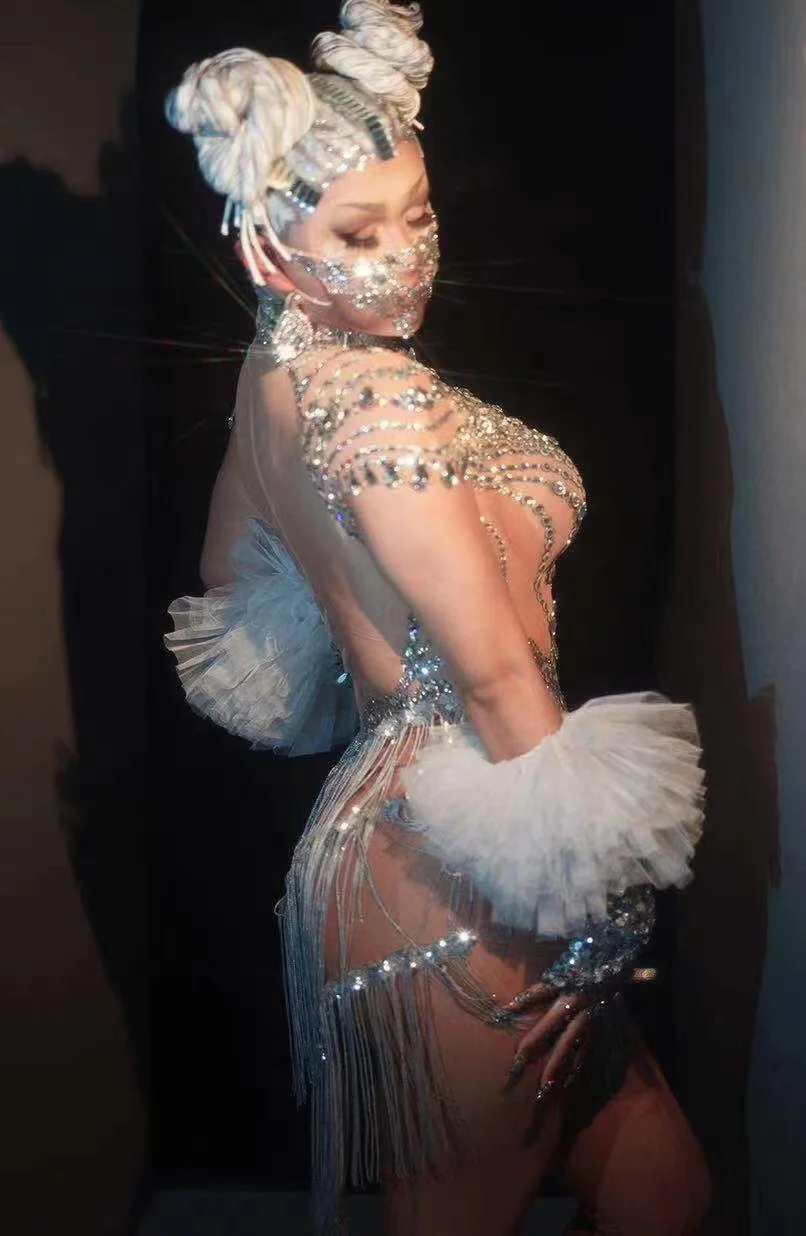 Novelty Sparkly Fringe Rhinestone Bodysuits Women Costumes Birthday Party Outfit Drag Queen Gogo Dancer Stage Latin Jazz Leotard