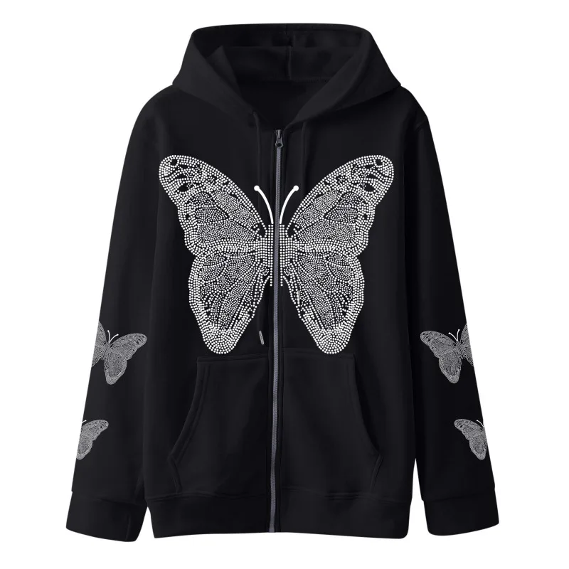 

New Butterfly Printed Hoodie Street Casual and Comfortable European American Sweatshirts Zippered Women's Loose Woolen Sweater