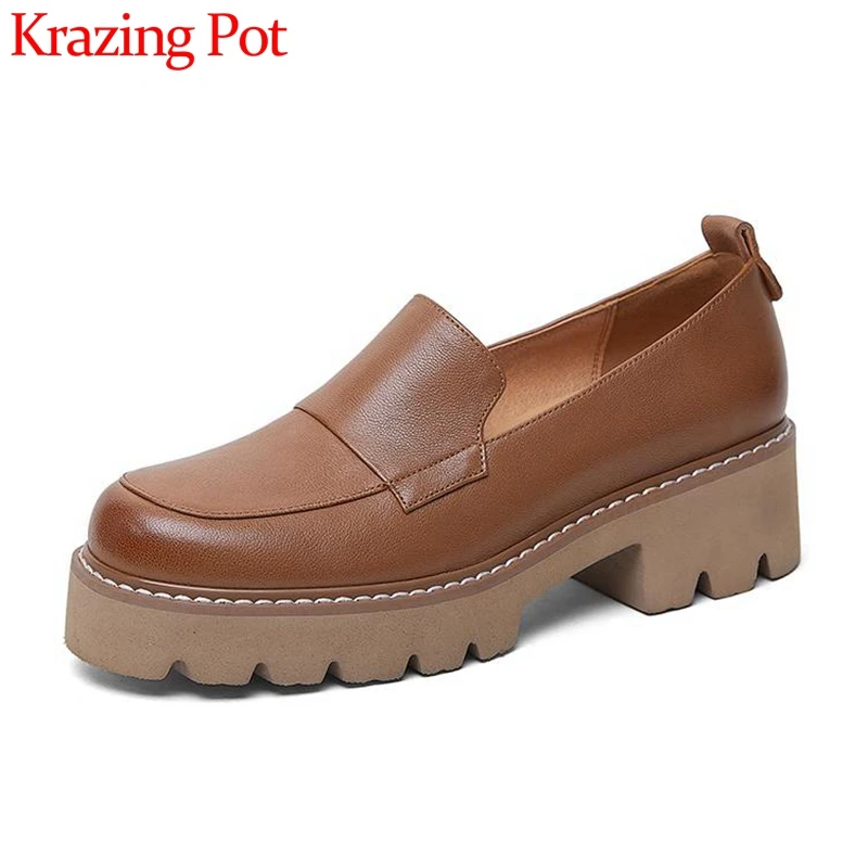 

Krazing Pot 2023 Sheep Leather Round Toe Summer Shoes Med Heels Platform Luxury Preppy Style Slip on Leisure Women Brand Pumps