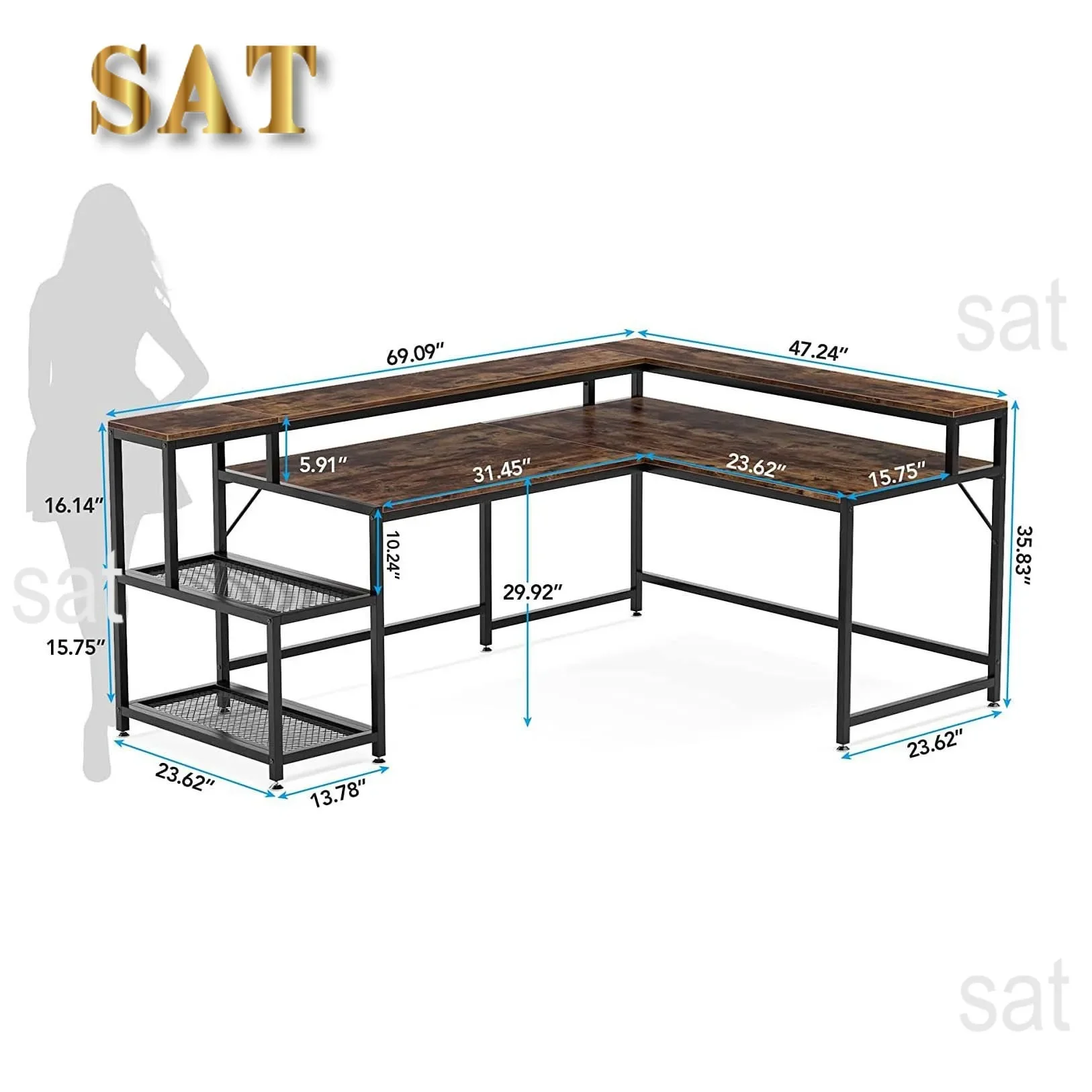 -Large L Shape Modern Wood And Steel Frame Home Office Computer Desk Writing Study Desk With Storage Rack
