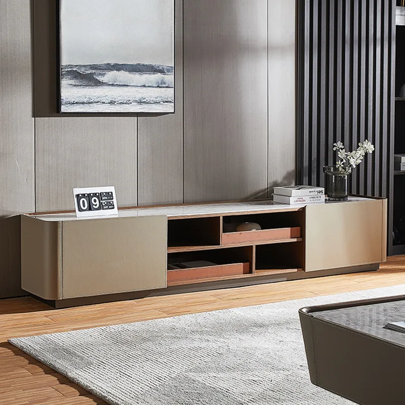 

Nordic saddle leather TV cabinet Italian minimalist rock TV cabinet coffee table combination creative living room walnut floor c
