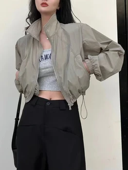 Autumn Vintage Women's Windbreaker Cropped Jackets Harajuku Oversized Streetwear Long Sleeve Casual Fashion Female Elegant Top 1
