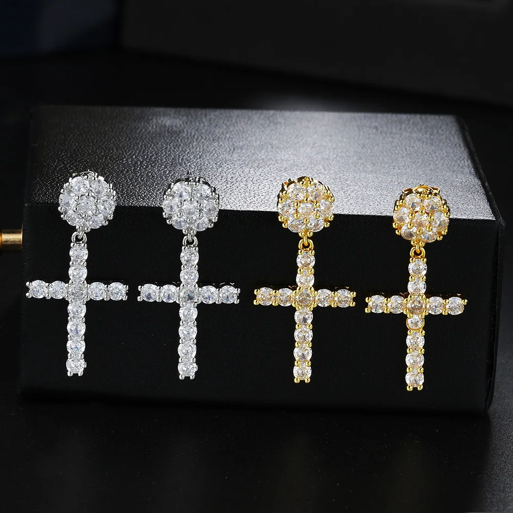 Fashion Hip Hop Earrings for Men Women Rapper's Punk Cross Piercing Earing Gold Color Zirconia Trendy Gifts Jewellry OHE007