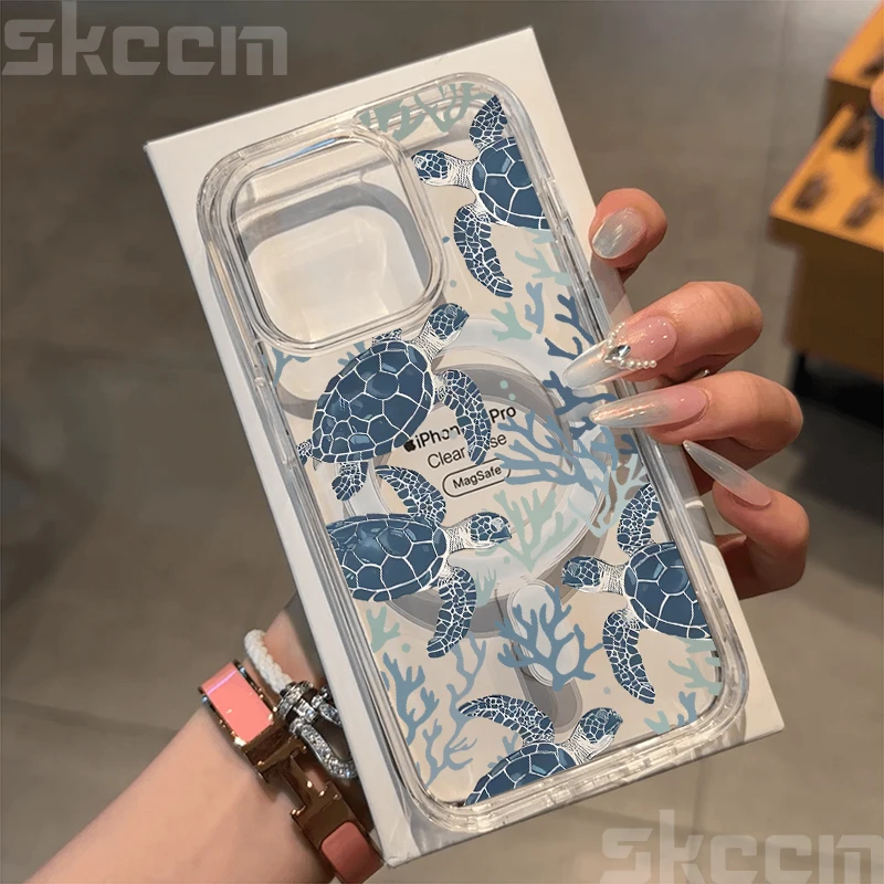 Ocean Life Theme Clear Phone Case with Magnetic Wireless Charging Cover