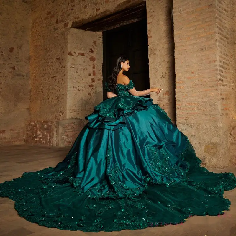 EVLAST Emerald Green Quinceanera Dress Ball Gown 3D Floral Applique Beading Tiered Corset Sweet 16 Vestidos De XV 15 Anos SQ3