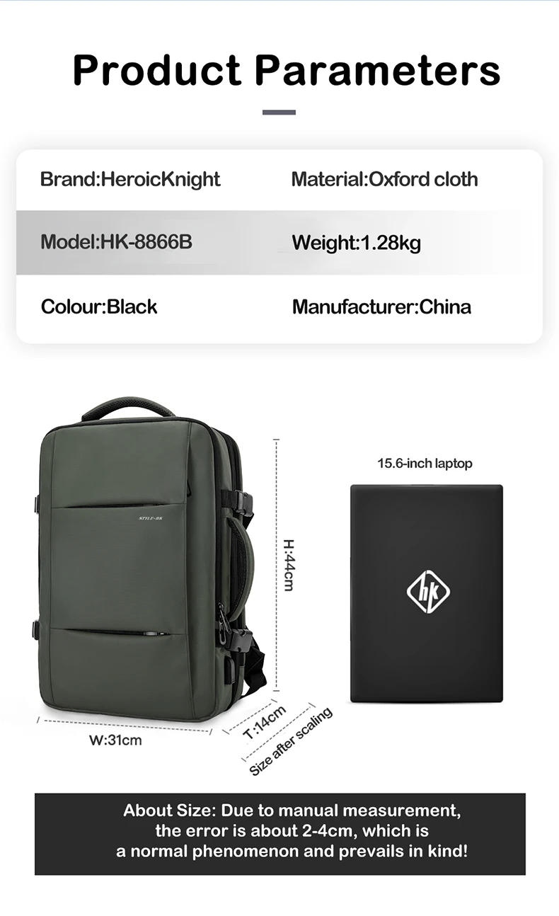 HcanKcan Erweiterbarer Herrenrucksack, wasserdicht, 15,6 Zoll, Laptoptasche, großes Fassungsvermögen, Wander-Reisetasche, Business-Rucksack, lässiger Tagesrucksack – Detail 16