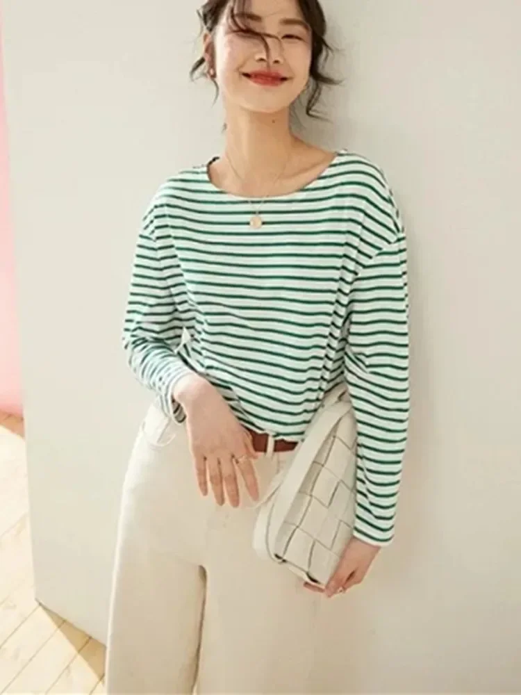 

Women Cotton Stripes Tops Butterfly Embroidery Hem Slit Spring Casual O-Neck Long Sleeve Pullover