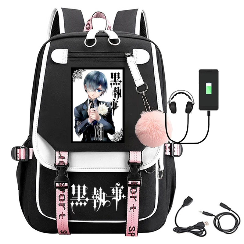 블랙 집사 애니메이션 USB 포트 배낭 나일론 학교 책 학생 여행 가방, 노트북 캐주얼 대형 메신저 백