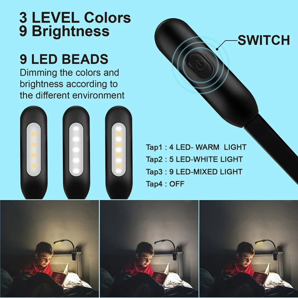 Luce Per Lettura Ricaricabile USB - 9 LED, 3 Colori, 5 Luminosit&agrave;, Con Timer E Clip