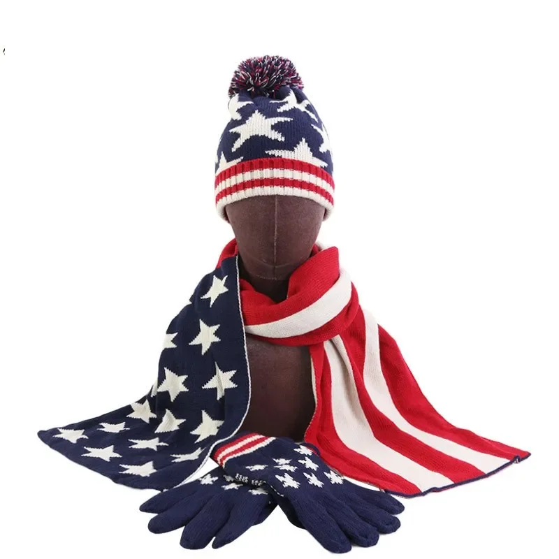 1 Set Boys Girls hat scarf glove Winter Hat Men Women's Knitted Hat Set Flag Star Printed Christmas gift Gloves Scarf + set