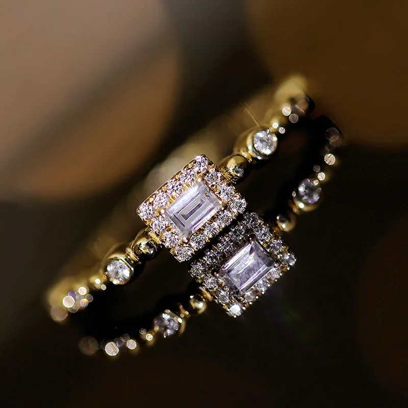 Wedding Rings Womens Ring Finger Rings Jewelry Rings Ring Jewelry Huitan Dainty Shiny Rectangle Rings for Women Exquisite Gold Color Female Finger Accessories Trendy Engagement Wedding Jewelry