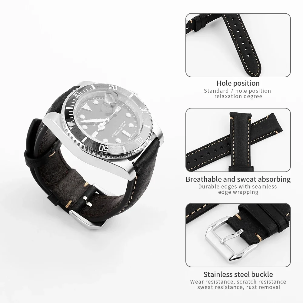 Vintage Genuine Leather Watch Strap with Quick Release Pin Buckle - Universal Bracelet Wristband Accessories
