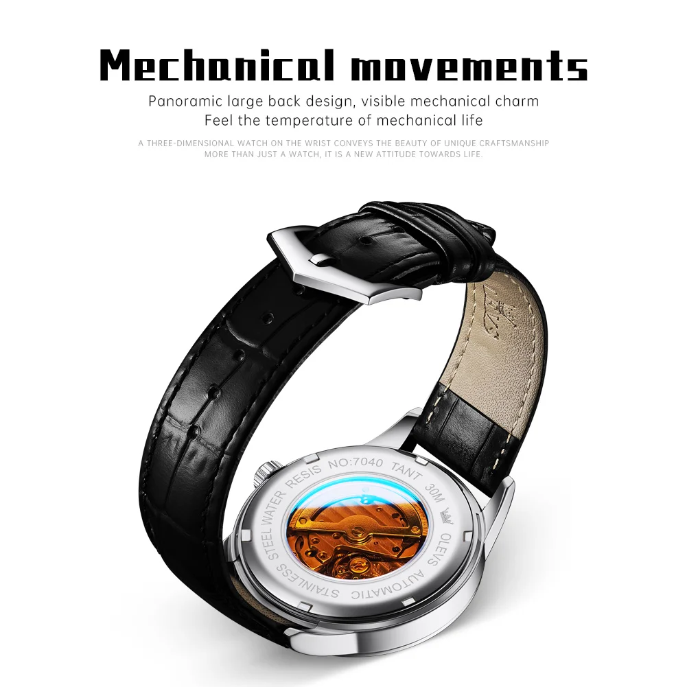 OLEVS Mens Watch Original Brand Mechanical Wristwatch Men Leather Strap Reloj Waterproof Luminous Automatic Date Watches