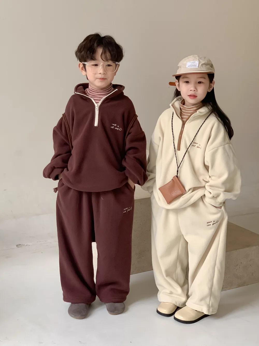 

Autumn Winter Children's Sets Solid Color Fleece Zipper Pullover Tops+Pants Kids Baby Boys Girls Casual Clothes Suit