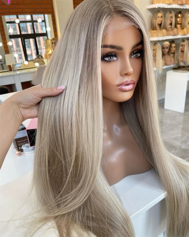 Side Parting Synthetic Lace Front Wig Pre plucked Natural Hairline Mixed with Human Hair Wigs Ash Blonbe Highlights Straight Wig