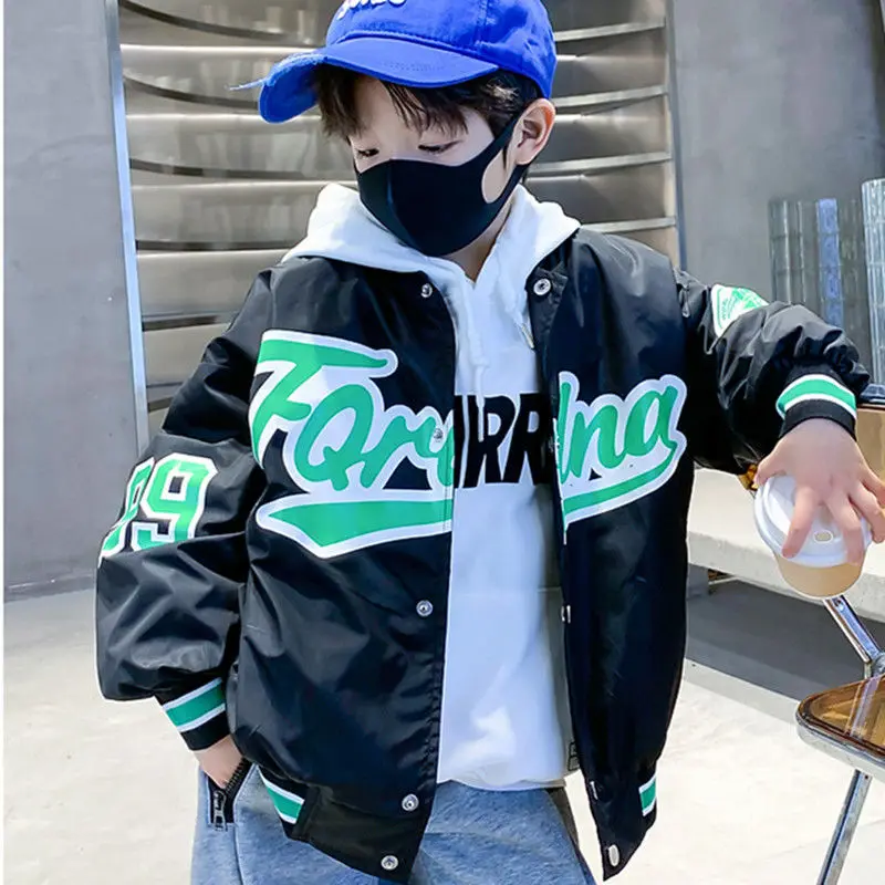 Teens Cotton Jacket Spring Teenager Casual Coat Kid Letter Hooded Zipper Children's Windbreaker Baby Boy Thin Coat Boys Clothes