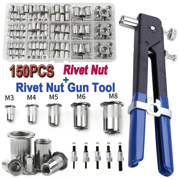 Rivet Nut Gun 150PCS Rivet Nuts Gun Mandrel Kit M3/M4/M5/M6/M8 Nut Rivet Mandrels Repairtool Flatheadscrew Pop Nut Gun Set