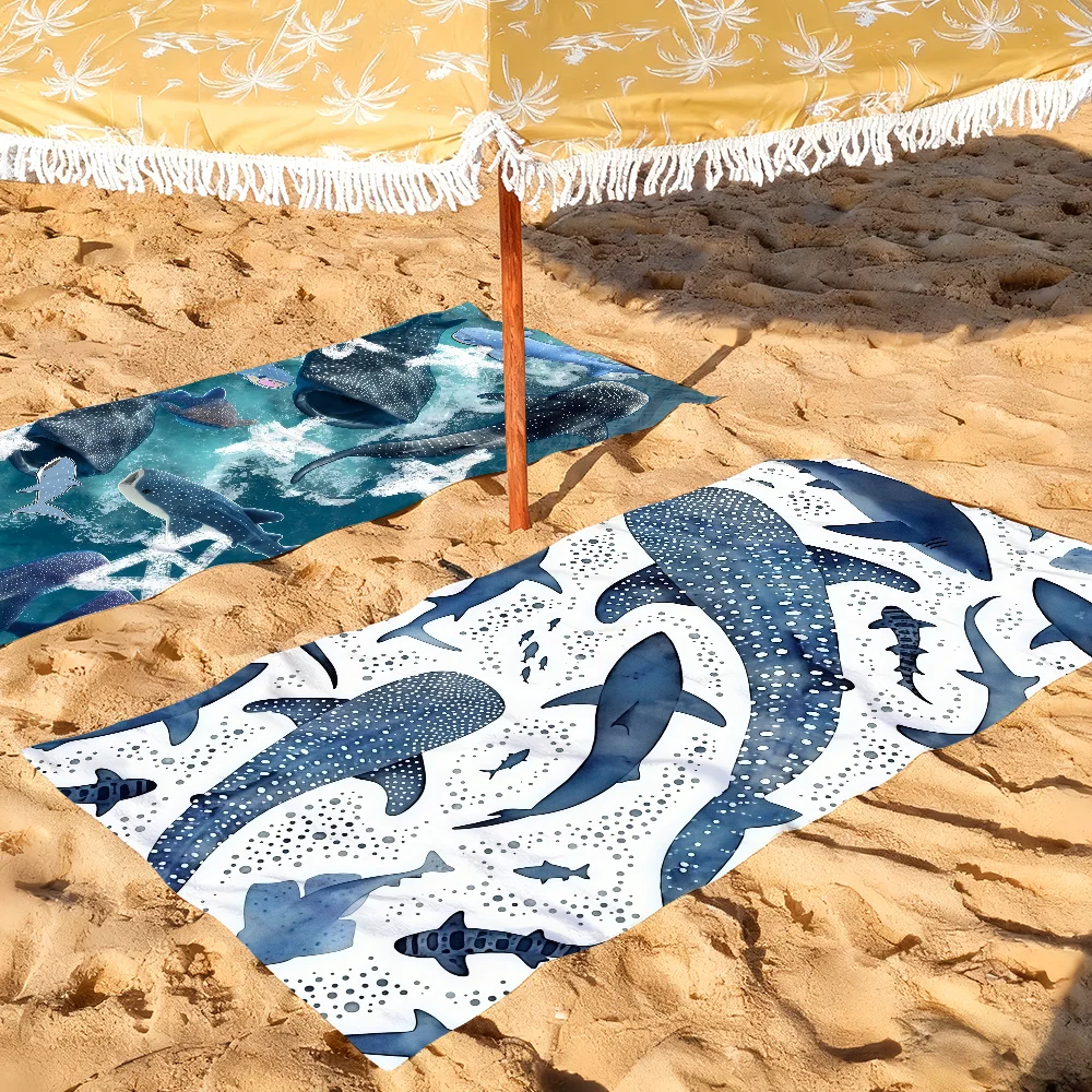 Serviette de plage séchage rapide imprimé requin baleine piscine_voghion.com