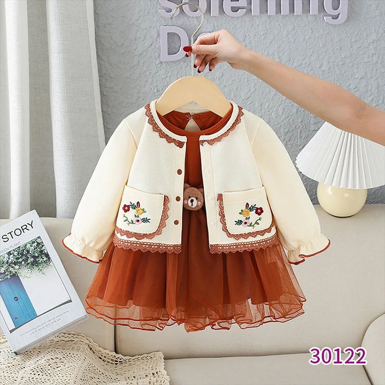 Spring Girls Sweet Princess Dress Fashion 2pcs Sets Children Kids Baby Dress+ Long-sleeved Coat Suit