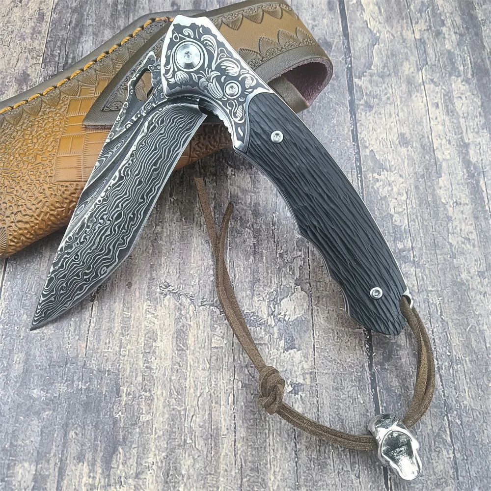Black Bear Damascus Knife Folding Pocket Knife Damascus Steel Blade Ebony Handle Outdoor EDC Survival Camping Tool with Sheath 5
