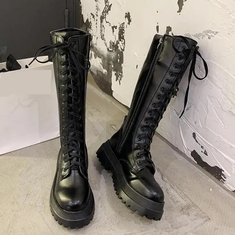 Chunky Platform Pu Leather Knee High Boots Women Punk Increasing Long Female Lace Up Booties Mujer 2021 Zip Chelsea Women Shoes