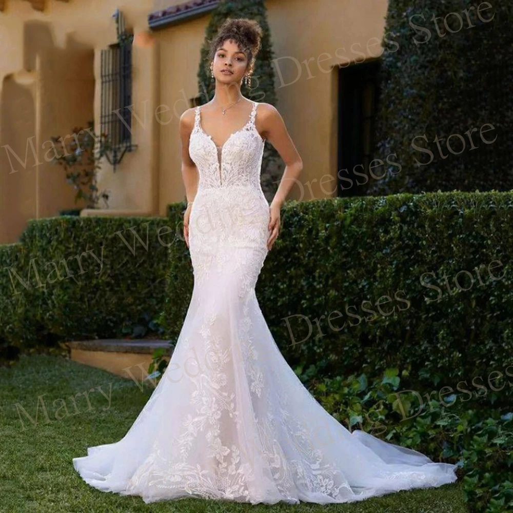 

Elegant Mermaid Gorgeous Wedding Dresses Sexy Spaghetti Straps Lace Appliques Backless Sweetheart Bride Gowns Vestidos De Novia