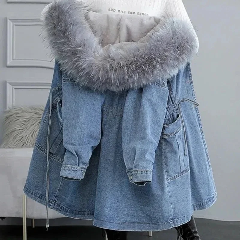 Women\'s Jeans Coat 2023 New Winter Coats Thick Wool Denim Jacket Korea Loose Hooded Fur Collar Long Clothes Outerwear Female