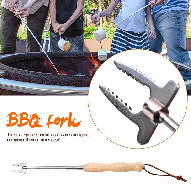 Barbecue Skewers Barbecue Tools Retractable Rugged Wood Handle Barbecue Fork Grill Bar