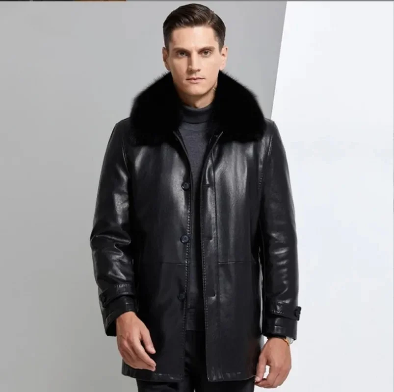 thumbnail image 1 of Chaleco interior de piel de conejo Rex dorado de invierno para hombre, abrigo Nick con cuello de zorro y visón, cuero natural, largo medio, 1 of 5
