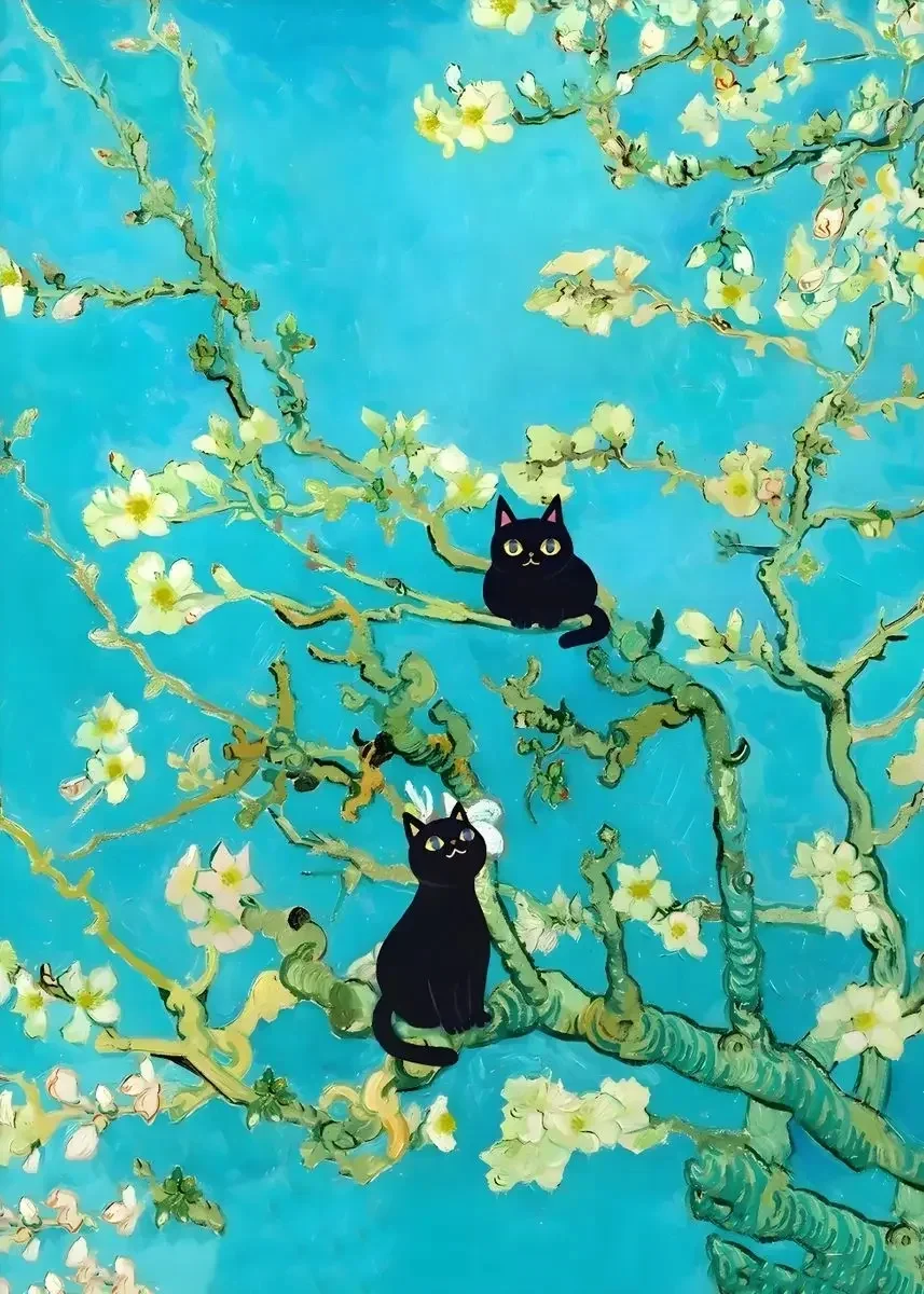 Whimsical Starry Night Cat Canvas Art - Colorful Abstract Floral Decor
