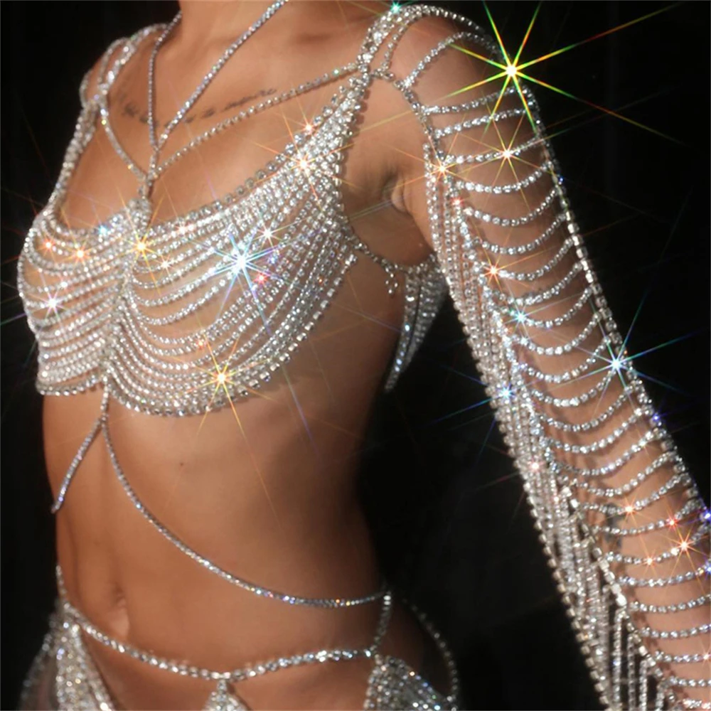 New Fashion Shining Crystal Top Jewelry Luxury Evening Party Rhinestone Top Chest Chain Jewelry Wearing Body Accessories
