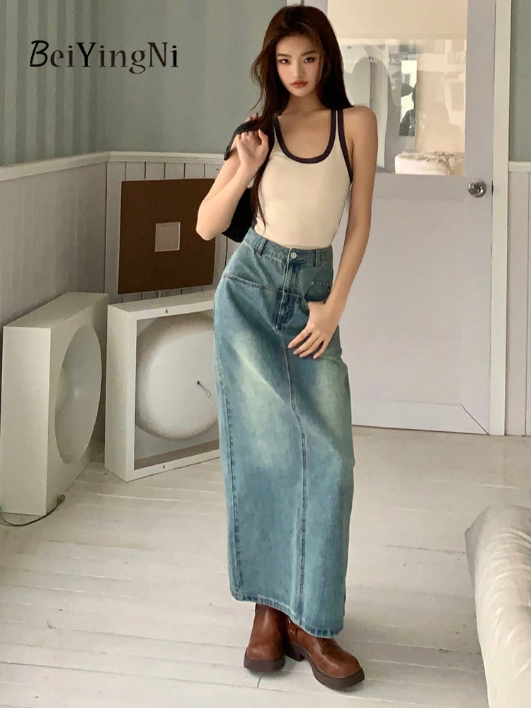 

Beiyingni Women Vintage Demin Skirts Korean Fashion Slim A-line Long Maxi Bodycon High Waist Skirt Casual Chic Blue 2024 Faldas