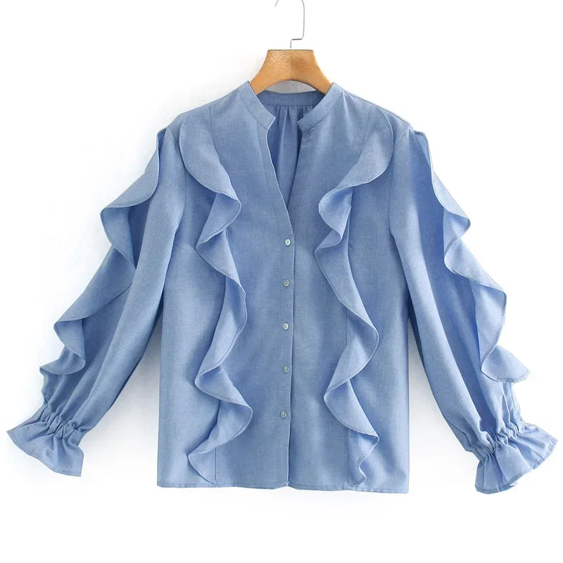 

Women Casual Fashion Blue V Neck Blouses New Loose Cascading Ruffles Shirts Women Elegant Buttons Long Sleeve Tops Female Ladies