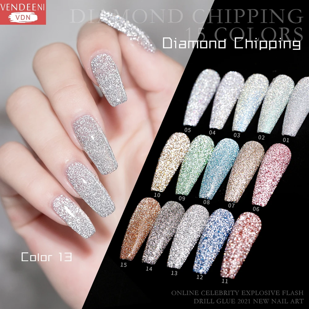 

Vendeeni 15 Colors Laser Glitter Broken Diamond Gel Nail Polish Sparkling UV LED Soak Off Gel Varnish Nail Art Gel Lacquer 15ml