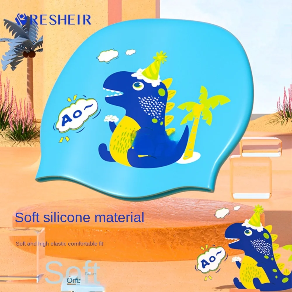 

Free Size Kids Swimming Cap Cartoon Dinosaur Pattern Waterproof Bathing Caps Flexible Silicone Ear Protection Diving Hat Kids