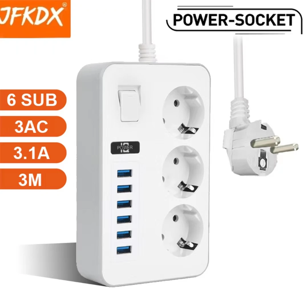 

JFKDX EU Plug 3000W High Power Strip 3M Extension Cable 3 AC Outlets With Network Filter 6 USB 3.1 A Output Port Fast Charger