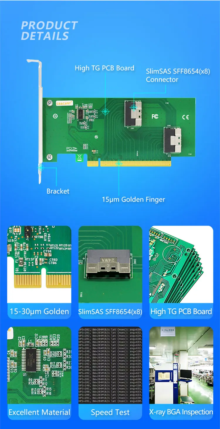 Description Picture 2 of itemCEACENT CNS42PE16 2 Port SlimSAS x8 SFF8654 Adapter PCIe 3.0 x16, PCIe 4.0 Compatible For ALEO, Multi-GPU Solutions, PCIe Extend
