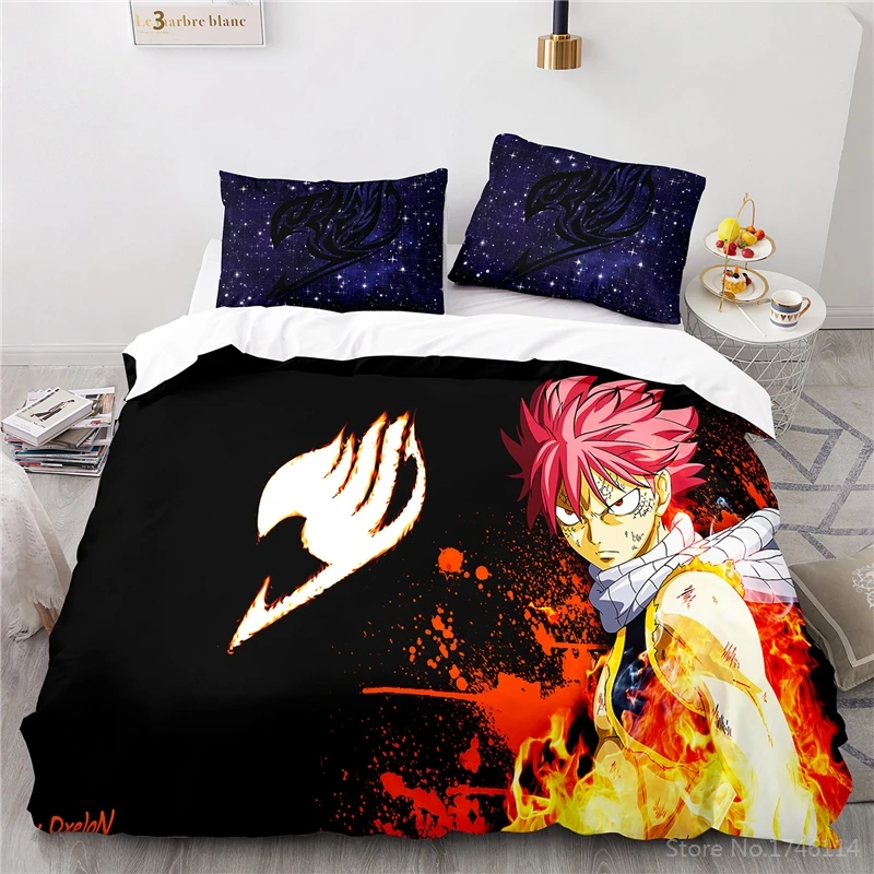 

Anime FAIRY TAIL Natsu Bedding Set Queen King Size 3D Cartoon Print Comforter Cover Pillowcase Duvet Cover Set for Home Bedroom