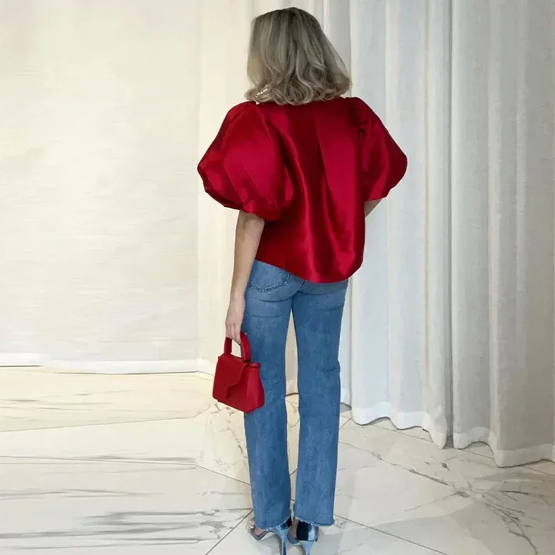 Elegant Satin Puff Short Sleeve Top Women Loose Solid Buckle O-neck Shirts Female 2025 Spring Summer Fashion Office Lady Outwear