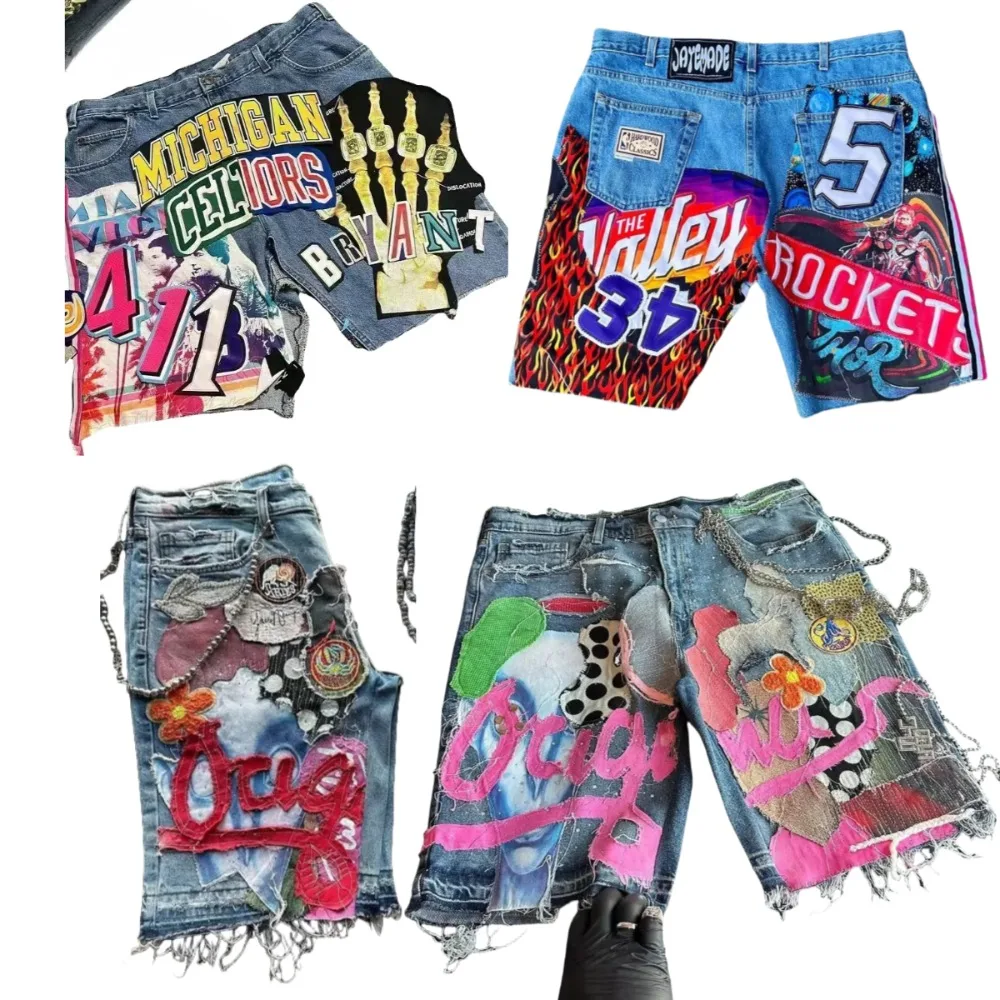 関送込 DND4DES Star Graffiti Patchwork Cartoon Shorts DND4DES Star Graffiti Patchwork Cartoon Denim Oversized Shorts