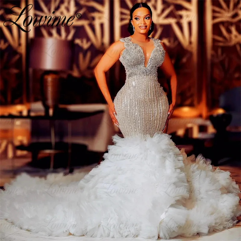 

2024 Arabic Aso Ebi Plus Size Ivory Luxurious Mermaid Wedding Dress Beaded Crystals Tulle Bridal Gowns Dress Long Wedding Gowns
