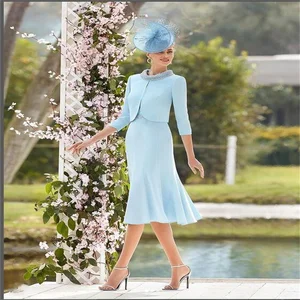 Простое и элегантное официальное платье MULONG с круглым вырезом, украшенное бисером, модель 2023 года, длина до середины икры, 2 предмета, небесно-голубое