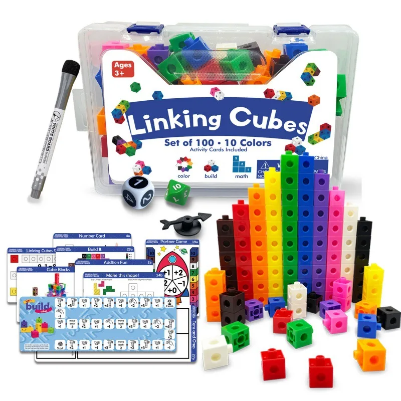 Math Blocks Linking Cubes Set - Educational Learning Toy with Activity Cards, 100-Piece Counting Set