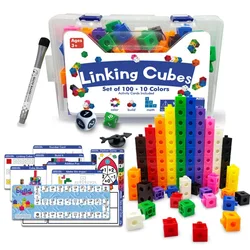 Math Blocks Linking Cubes Set - Educational Learning Toy with Activity Cards, 100-Piece Counting Set (Box with Cards)